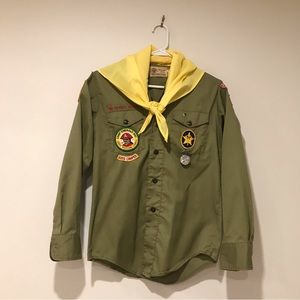 Vintage Youth Olive Green Button-Down Scout Shirt with Yellow Neckerchief